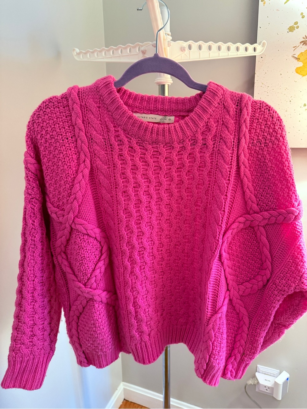 Altar'd State Hot Pink Cable Knit Crewneck Sweater